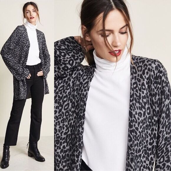 White + Warren Leopard Print Cashmere Open Front Cardigan Sweater Size S - Picture 1 of 10